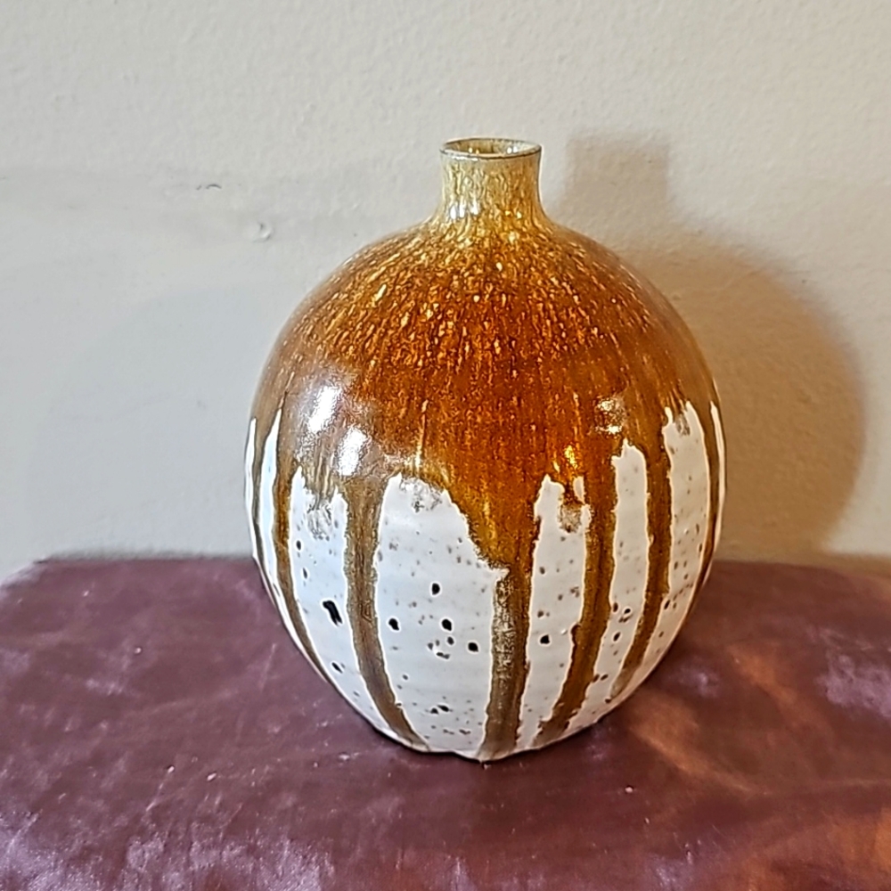 Mid Century Japanese Tokoname Ikebana Vase Brown Drip Glaze ~ Kiri Tobo